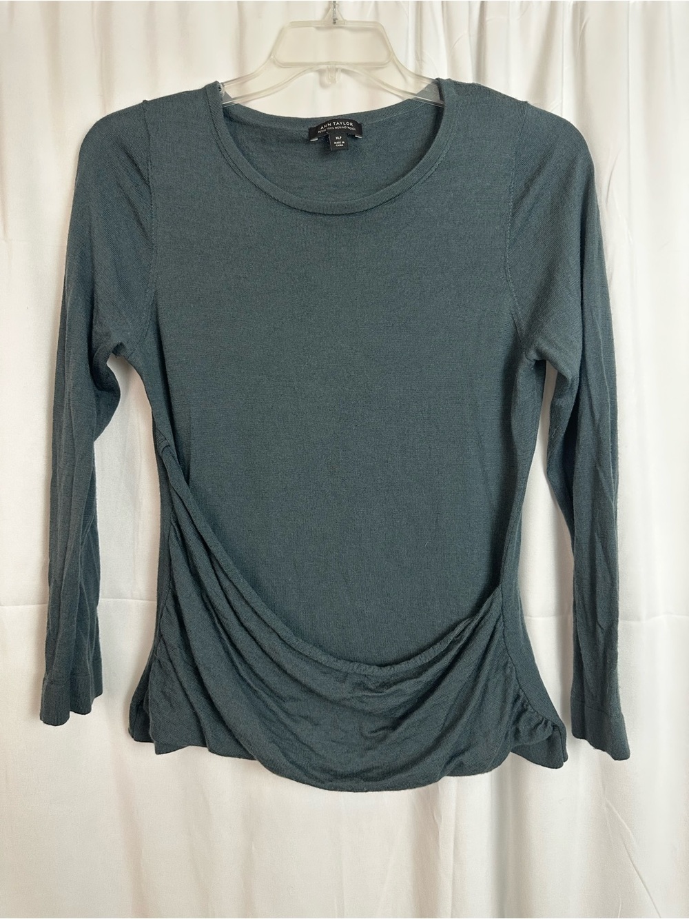 Ann Taylor Smoky Spruce Long Sleeve Ruched Drape Hem Sweater, XLP, Merino Wool